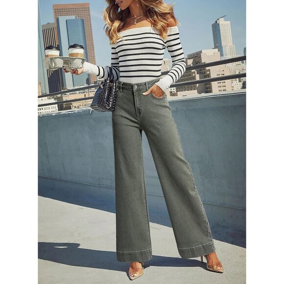 Women's Four Leaf Clover Wide Leg Denim Jeans Stretchy Loose Pants with Pockets - Picture 3 of 5